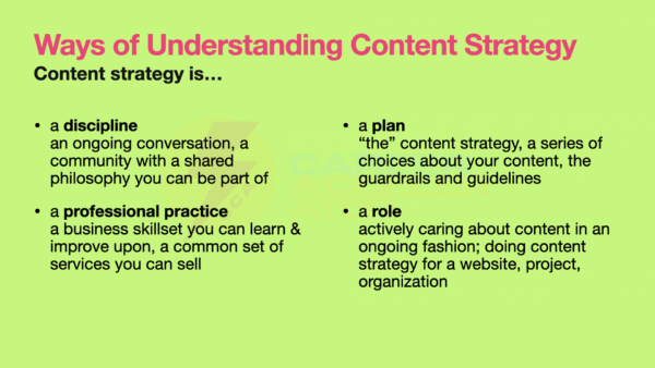 Presentation slide describing four ways of understanding content strategy: as a discipline, a professional practice, a plan, and a role.