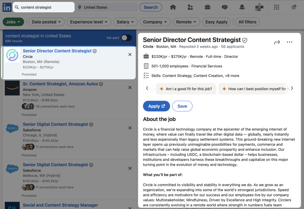 A job listing on LinkedIn for Senior Director Content Strategist at Circle in Boston, MA. The salary range is $220k to $275k.